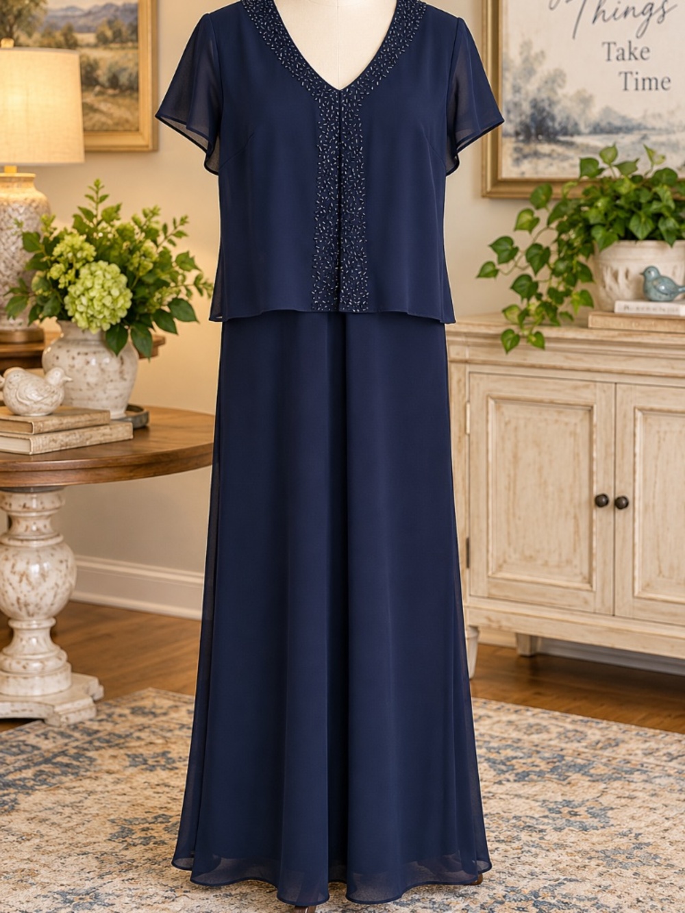 Positive Attitude Navy Beaded Long Formal Dress 12P